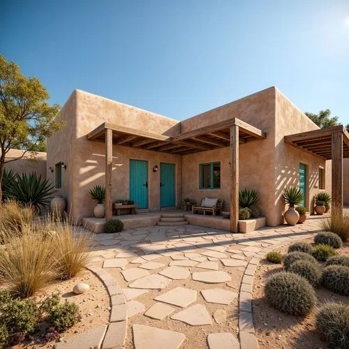 Earthy regionalism, warm adobe architecture, rustic stone walls, weathered wood accents, vibrant turquoise doors, distressed metal roofing, soft sandy dunes, cacti plants, clear blue skies, warm sunny