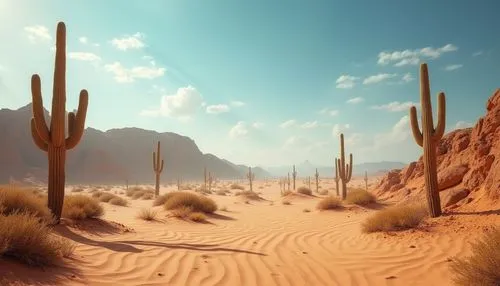Desert landscape, warm Sienna color tone, vast sandy dunes, cacti scattered, rocky formations, blue sky with few puffy clouds, strong sunlight, long shadows, dramatic composition, low-angle shot, 3/4 