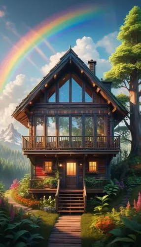 A detailed 3D render: An intricate vision showcasing a fantastical narrative; a wooden-housed cabin with a mystical exterior stands tall, its interior filled with plants and trees; then, a large windo