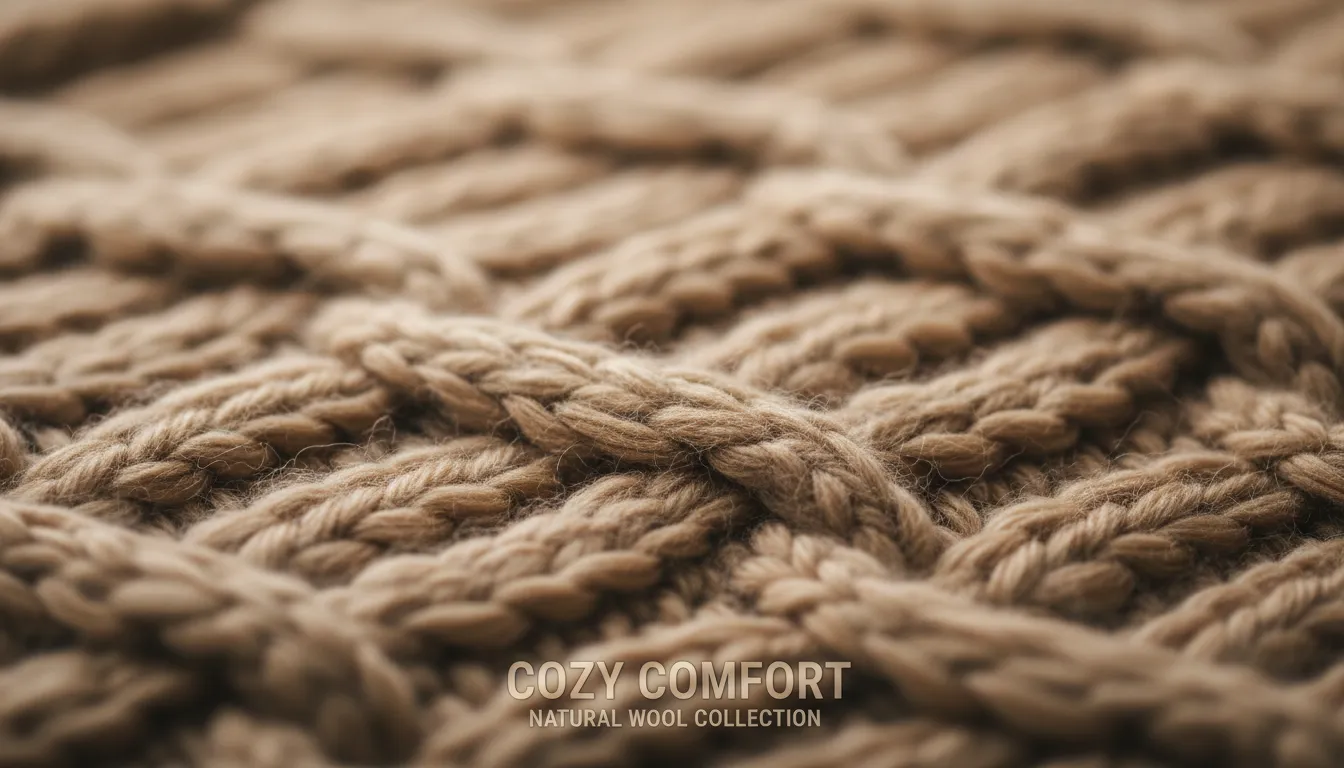 Poster generato da AI con un primo piano iperrealistico di una texture di lana a maglia grossa in un colore caldo e neutro.