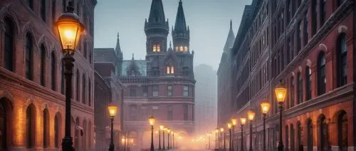 Historic Chicago, old architecture, grandiose building, intricate stonework, ornate details, Gothic spires, Romanesque columns, vintage street lamps, worn-out brick roads, foggy atmosphere, morning mi