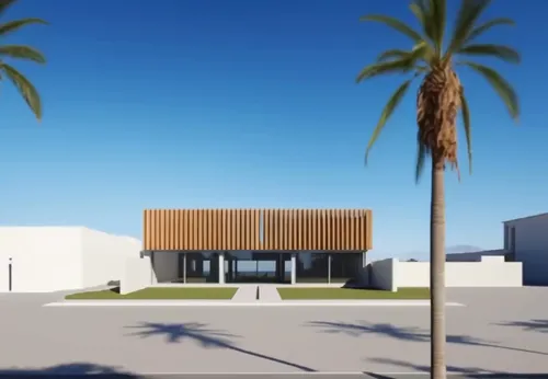 mid century house,school design,dunes house,modern house,mid century modern,palm pasture,modern architecture,palm tree,renders,modern building,aqua studio,royal palms,giant palm tree,palm trees,two pa