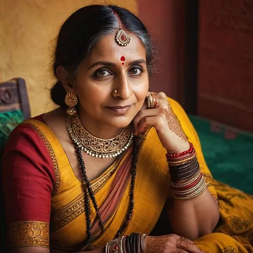 Indian mature lady, beautiful detailed eyes, light brown skin, dark hair, nose ring, red bindi, colorful saree, golden jewelry, intricate henna on hands, sitting, Indian furniture, vibrant colors, tra