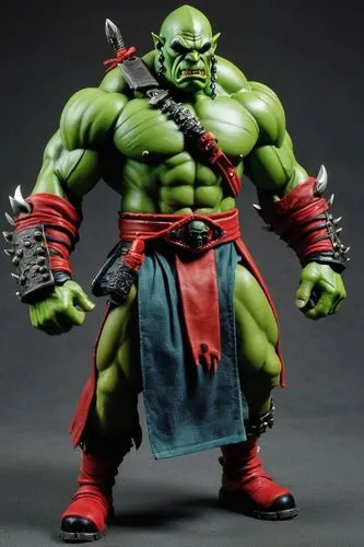 full body pose of zippy the pinhead orc monk, warhammer 40 k style, male, incredibly muscular, dark green skin, oversized big red shoes, face paint, wearing a only a loin cloth,a large hulk figure on 