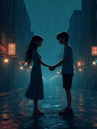   A cinematic seen of a dark, rain-soaked city street at night. The scene is illuminated by the flickering glow of neon signs reflecting off wet pavement. Puddles ripple as heavy rain pours down, crea