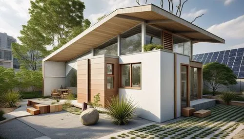 the modern style home has a large lawn and a rock,modern house,mid century house,cubic house,prefab,cube house,modern architecture