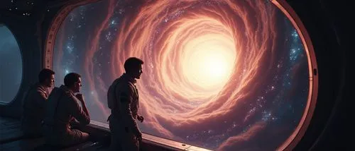 The moment the spaceship enters a huge wormhole. The swirling light and time distortion outside the spaceship window are beautifully displayed. Inside, the astronauts are checking data with tense expr