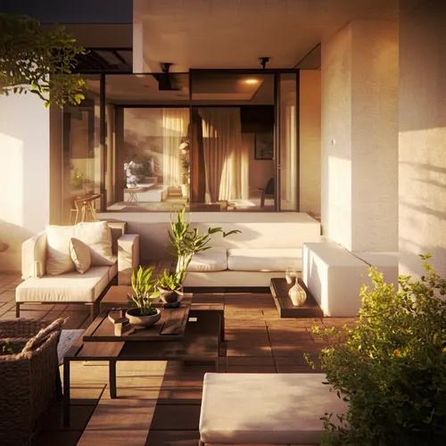 a classic courtyard villas, sustainable modern design,an open - air living space is lit up at night,render,renders,rendered,outdoor furniture,terrace,mid century modern,penthouses,roof terrace,block b
