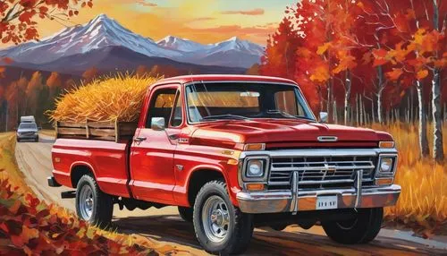 Vibrant candy apple red pickup truck, shiny metallic finish, chrome wheels, rustic country road, autumn scenery, trees with golden leaves, haystacks, sunset background, warm soft lighting, 3/4 composi