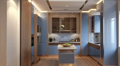A modern neoclassical kitchen with a luxurious design and a light blue color scheme. At the center of the kitchen, a built-in stovetop is placed on the counter. To the right, there is a sink and a tal