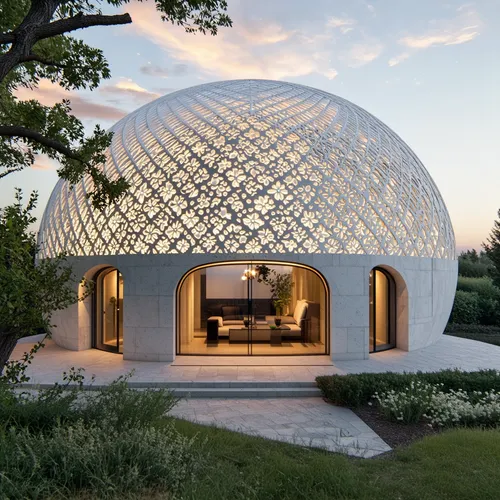 1. Forma general del domo:

Estructura semi ovalada con textura entrelazada en patrón de trenzado, hecha de concreto tipo concreto impreso en 3D. 100 mts2. máx. 10 metros de altura

El entorno es un p
