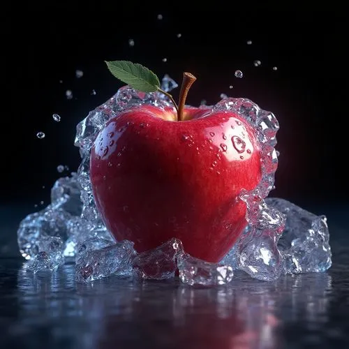 photorealism, apple, in transparent ice, made of ice, extreme close-up, neon lighting, c4d, blender, black background, octane render, unreal render, volumetric lighting, GLSI, FXAA, super detailed, SS