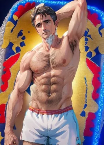 bedroom,a man in boxers stands over an ice shave and poses,fitton,ryu,kazuya,ferrigato,gachi,nudelman,gotoku,gurbanguly,ferrigno,muscle man