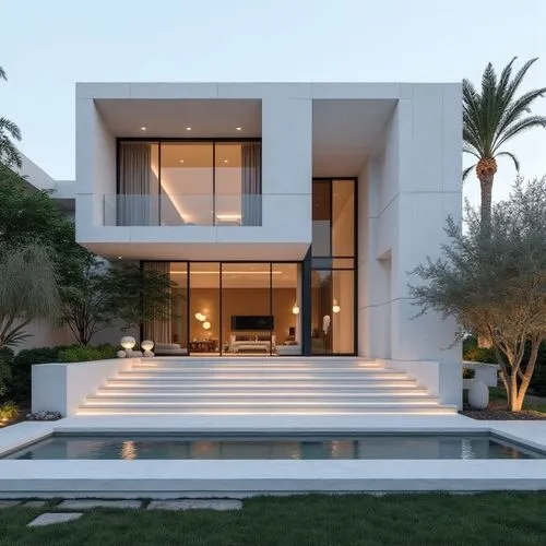 A hyper-realistic, high-resolution architectural photograph capturing a grand, ultra-modern luxury mansion at twilight. The building’s façade is composed of smooth white stone panels contrasted with s