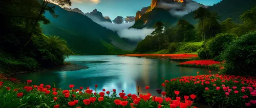 a beautiful scenic po of mountains, water and flowers,nature background,nature wallpaper,landscape background,beautiful landscape,nature landscape,mountain landscape,fantasy landscape,splendor of flow