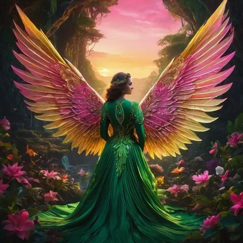 a woman in a green dress with large wings,faery,fantasy picture,faerie,archangel,winged heart,angel wings