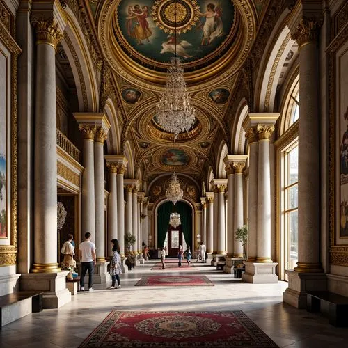 Intricate stone carvings, ornate marble columns, gilded domes, vibrant mosaics, golden accents, ornamental arches, intricate frescoes, lavish decorations, grandiose entranceways, majestic vaulted ceil