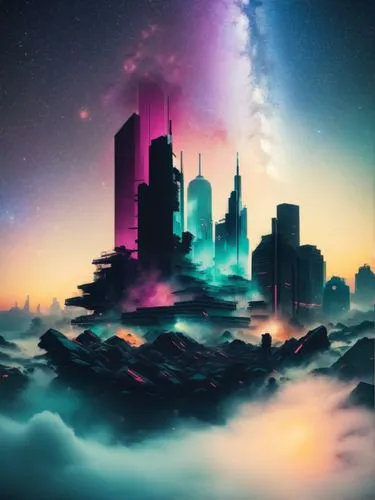 Night Sky, Stars, galaxies, energy,a bunch of buildings that are on a mountain,fantasy city,futuristic landscape,city skyline,cityscape,fantasy landscape,3d background