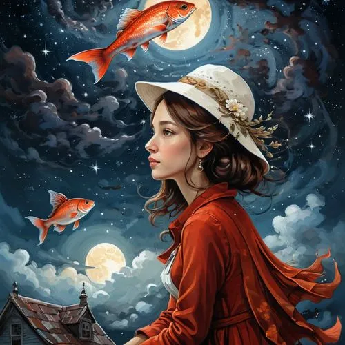 A detailed digital illustration of a great red fish in the night sky. The focal point is the large brown scales of the fish, with the human hand on the roof and the woman who wears a white hat sitting