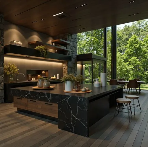 A modern kitchen nestled in a forest setting. The design features a black marble kitchen island, dark wooden floors, and open shelving against a stone wall. Large windows frame the lush, green forest 