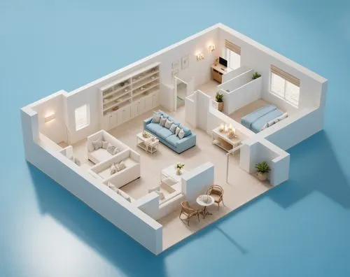 3D Floor plan, Modern home,an overview of a blue and white living room,miniature house,an apartment,apartment,shared apartment,sky apartment,voxel,Photography,General,Realistic