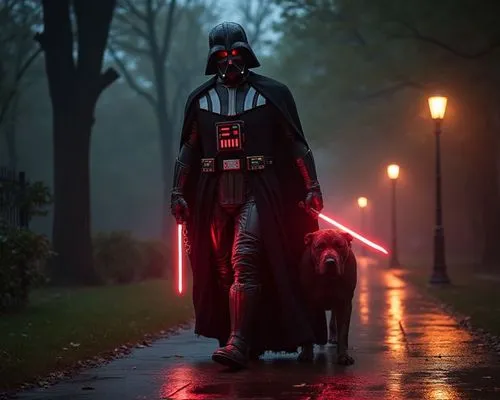 Darth Vader wearing a red Iron Man-style armored suit, glowing with subtle power lines and sleek metallic textures. He holds a glowing red lightsaber in one hand. His wrists are bound with long, heavy