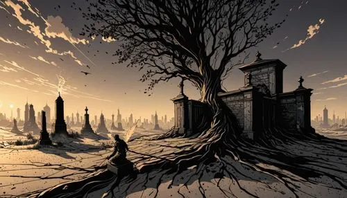 COMIC STYLE, COMIC ART, Tuschelinien, Schatten, dynamische Linienführung, 2000's Comic‑Look, slim black ink outline,an artistic illustration of a person next to a building,necropolis,old graveyard,gra