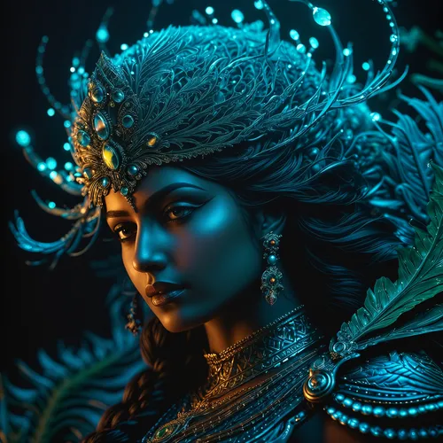 a beautiful woman with long hair wearing a green tiara,blue enchantress,headdress,arundhati,gandhari,inara,fantasy portrait,niobe,apsara,amihan,shamanic,shaman,fantasy art,warrior woman,baoshun,ashkal