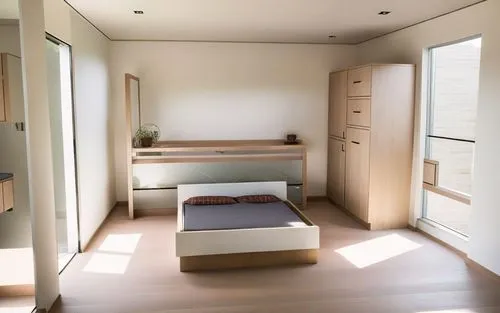an empty bedroom with two windows and a bed,bedroom,smart home,modern room,hallway space,room,prefab