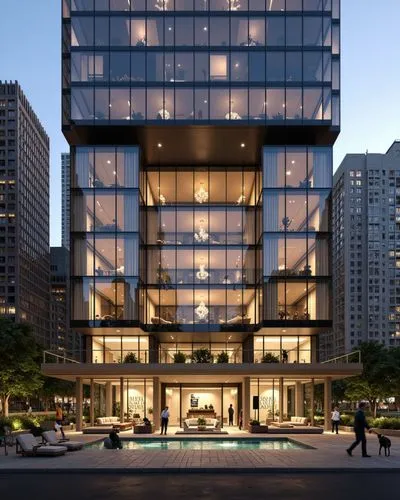 Design a luxury urban hotel with a grand entrance featuring a double-height lobby, marble finishes, and modern chandeliers. The exterior combines glass and gold accents, and the rooftop includes an in