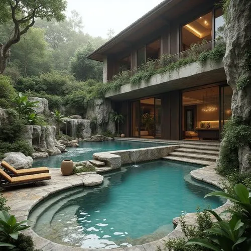 Create a villa featuring a subterranean spa, indoor waterfalls, and private elevators connecting all levels.,an elegant pool surrounded by water features a deck,pool house,beautiful home,amanresorts,l