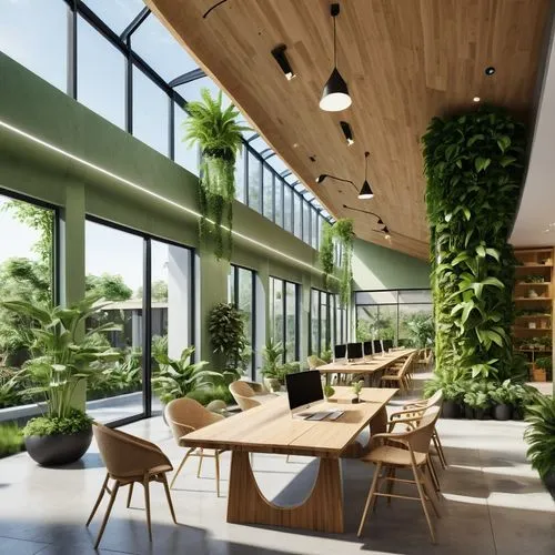 Design a co-working space that incorporates natural elements, such as greenery, natural light, and organic materials, to promote well-being. Generate a high-resolution interior render of a modern eco-