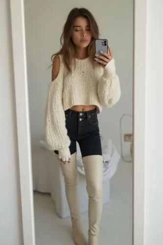 taken in a bright white room, the mirror slightly dusty, phone held low and tilted sideways, she stands relaxed with one knee bent
She wears a cropped ivory knit sweater, sleeves messily cut, exposing