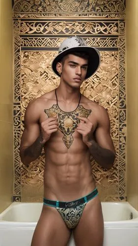 Diese Schnappschussaufnahme eines Kolumbien 18 yo Latino muskulösen gogo boy junior dancer. Der Mann mit den dunklen Tattoos und der schönen Gesicht steht in einem Badezimmer, die Augen geschlossen un