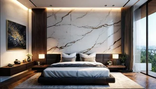 Modern bedroom interior design for Modern contemporary interior design,a modern bedroom has marble on the walls and ceiling,wall plaster,marble painting,stucco wall,marble texture,wallcoverings,marble