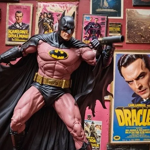 a batman figure next to some movie posters,batman,collectible action figures,comic books,model kit,comic book,vintage toys,batmen,cowl vulture,comic characters,bat,collectables,batterers,comic book bu