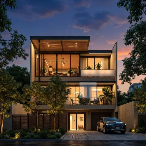 modern villa, teak wood pergola, living room with warm lighting can be seen inside thru a vitrocsa minimalist large windows with partially covering blinds, the fence is made of painted concrete and da