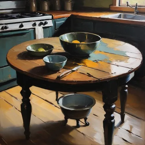 Loose, smudge, dark, abstract painting of a beautiful simple old table in a messy kitchen ,victorian kitchen,antique table,kitchen table,kitchens,vintage kitchen,tureens,dining table,enamelware,kitche
