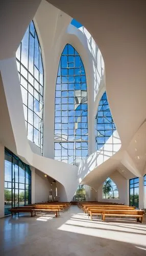 Frank Gehry inspired, De Portzamparc architecture, modern church, Christian, grandiose, intricate design, asymmetrical facade, irregular shapes, white concrete, stainless steel, glass, dramatic lighti