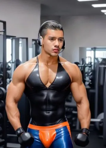 Exotic Latino fit mittlerweile Bauchmuskeln muscular adonis ((big Bulge penis stake Betonung groß schwanz)) men kurzenhair läuft auf dem Laufband in einem glänzenden Latex gehalten mini stringtanga se