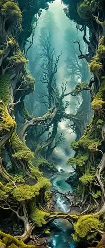 imagine a molten forest by styles of dali and escher in quicksilver and ferrofuid splashes, minimalism in a negative artistic space ,a painting of an area with a stream running through the trees,moss 