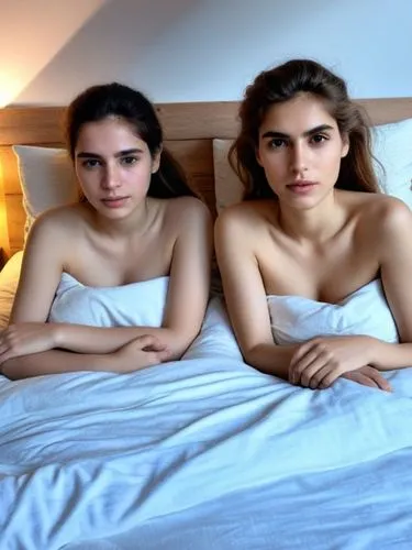 Good night, Aurora & Lucia!,two  young women sitting on a bed,woman on bed,girl in bed,two girls,duvets,priestesses,consorts,maidservants,temptresses,milkmaids,bedsteads,housekeepers,bedsores,bedsheet