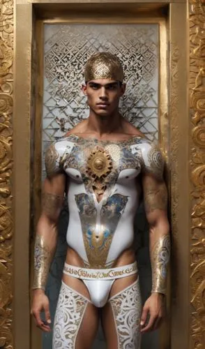 Exotic 18 yo Sexy Brazilian perfekt body and face,   Tattoo beautiful male models: body  byzantinisch iconography inspired , painted  with porcelain-Supergold Ägypten 3D-Meisterwerk Calligraphy mosaic