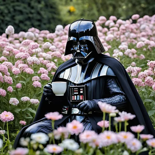 Darth Vader sitting in a flower field, white flowers, blue flowers,pink flowers, aesthetic, coquette, sipping tea, picnic,darth vader,vader,field of flowers,sea of flowers,darth wader,blanket of flowe
