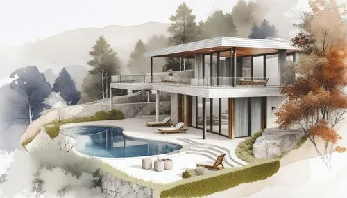 an architectural design shows the beauty of watercolor paint,sketchup,mid century house,renderings,modern house,pool house,3d rendering,revit,winter house,dreamhouse,chalet,summer house,house drawing,