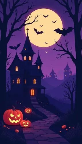 halloween wallpaper,
Halloween theme, spooky haunted house background, old European castle in the distance, flying pumpkins and bats, purple sky and moon, designed in anime style, Halloween atmosphere