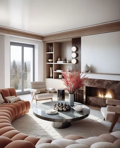 Architecture design,a large living room with a coffee table and fire place,luxury home interior,minotti,modern living room,interior modern design,livingroom,contemporary decor,Photography,General,Real