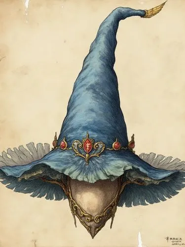 illustrated medieval recipe of a cleric hat, made with occult ingredients and spiritual crystal, on parchment with scratches, intricate details, muted colors, high resolution, blue and white hat, the 
