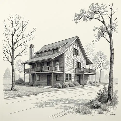 a architectural drawing transitioning from blueprint (traditional) to digital rendering (modern).






,a drawing of a house with trees around it,house drawing,echota,lincoln's cottage,farmhouse,old 
