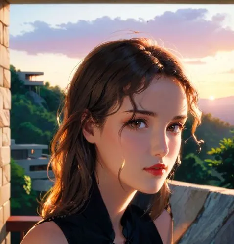 An anime portrait of a beautiful young caucasian woman, aged 23, with long and slightly curly brown hair, brown eyes, and red lips. She wears an elegant black dress with a neckline. She is standing on